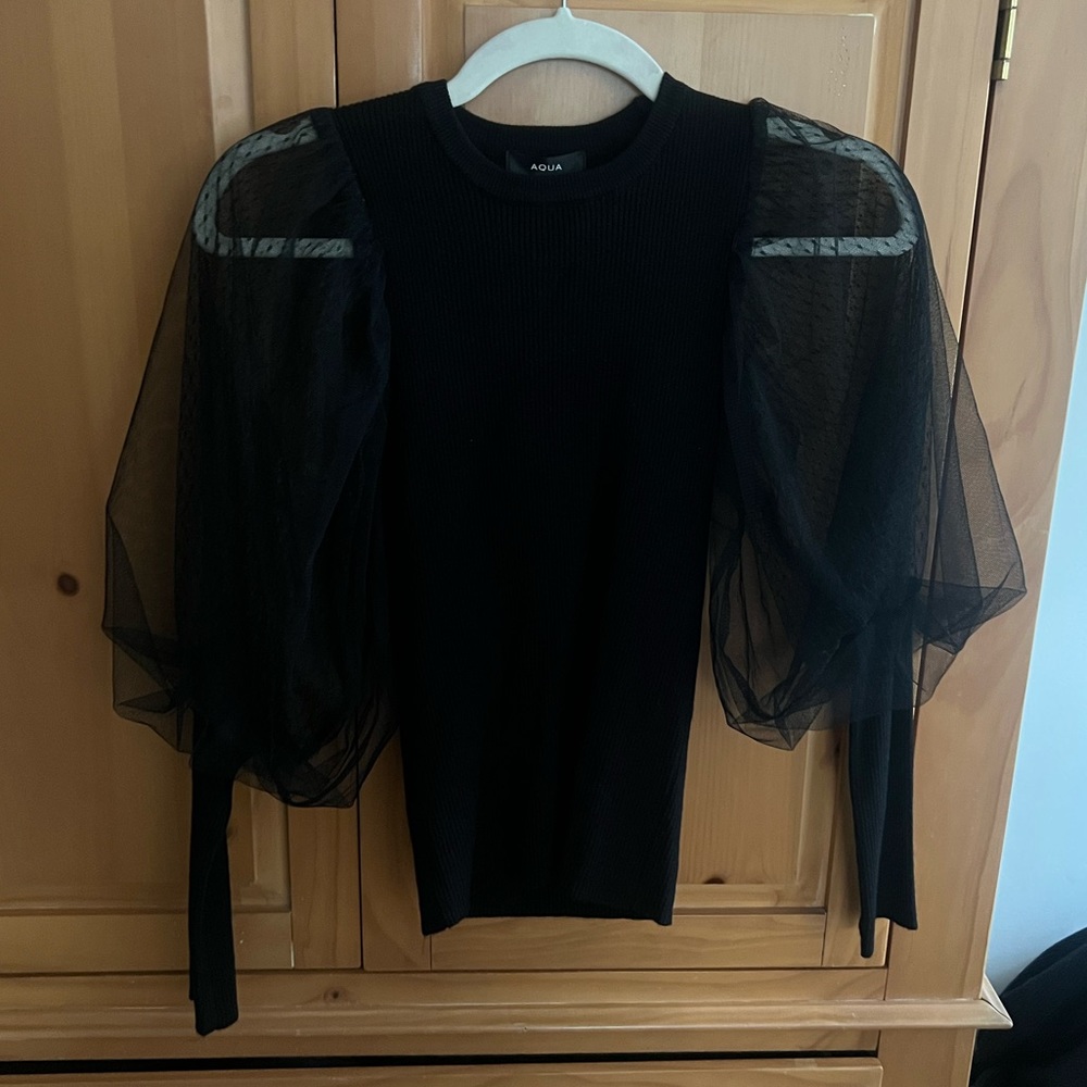 NWT AQUA Sheer Puff Sleeve Knit Top